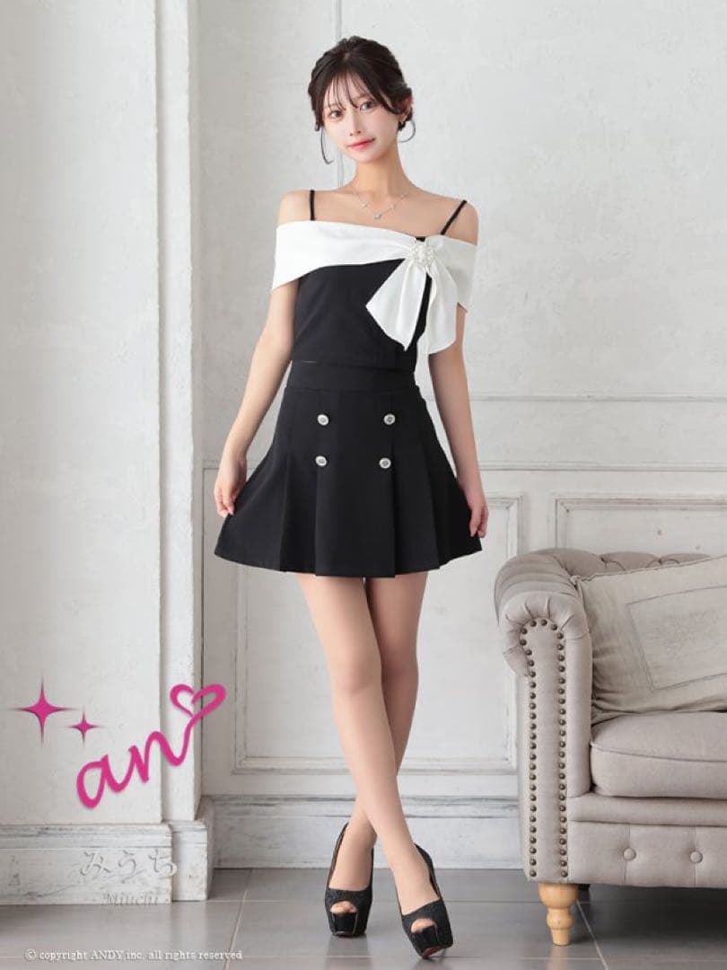 新品　an アン　ドレス　リボン　オフショル　フレア　セットアップ　ブラック　黒