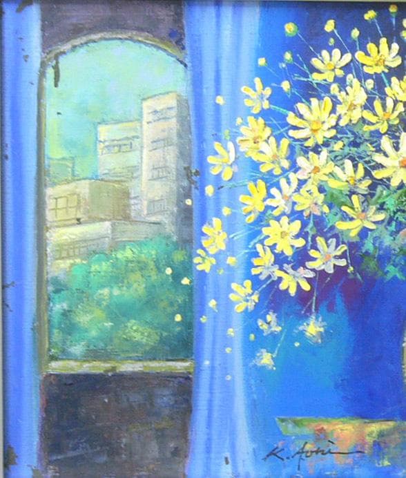 絵画 油絵 青木今陽 肉筆油絵 黄色い花と花瓶