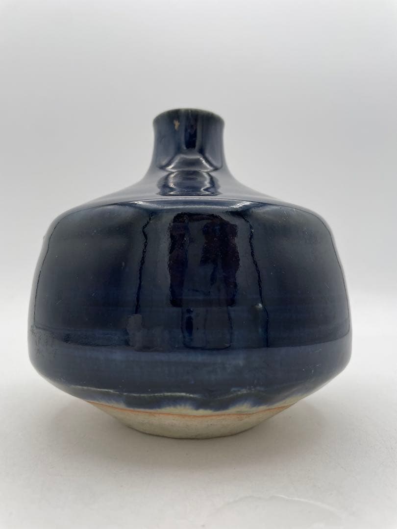 U1112-5 日本美術 濃紺 陶器 一輪挿し 花器 古物 h1 古銅製 人形瓶掛付