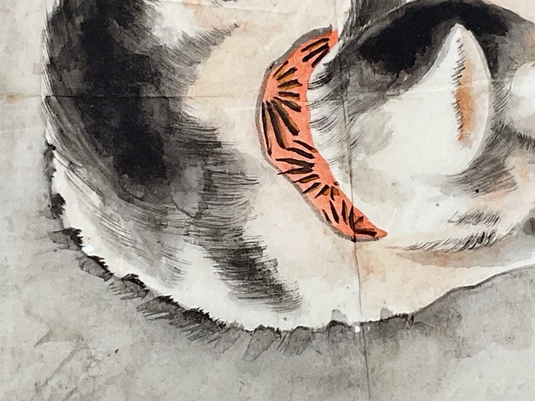 虹外筆 猫と蝶 ネコ 日本画 額入り