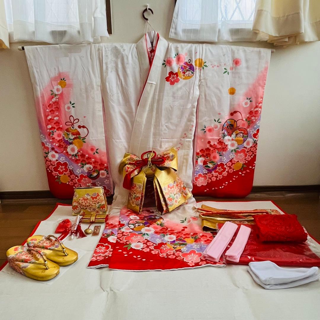 七五三　7歳　四つ身着物正絹　結び帯　草履バッグ　はこせこセット　帯揚げ　しごき