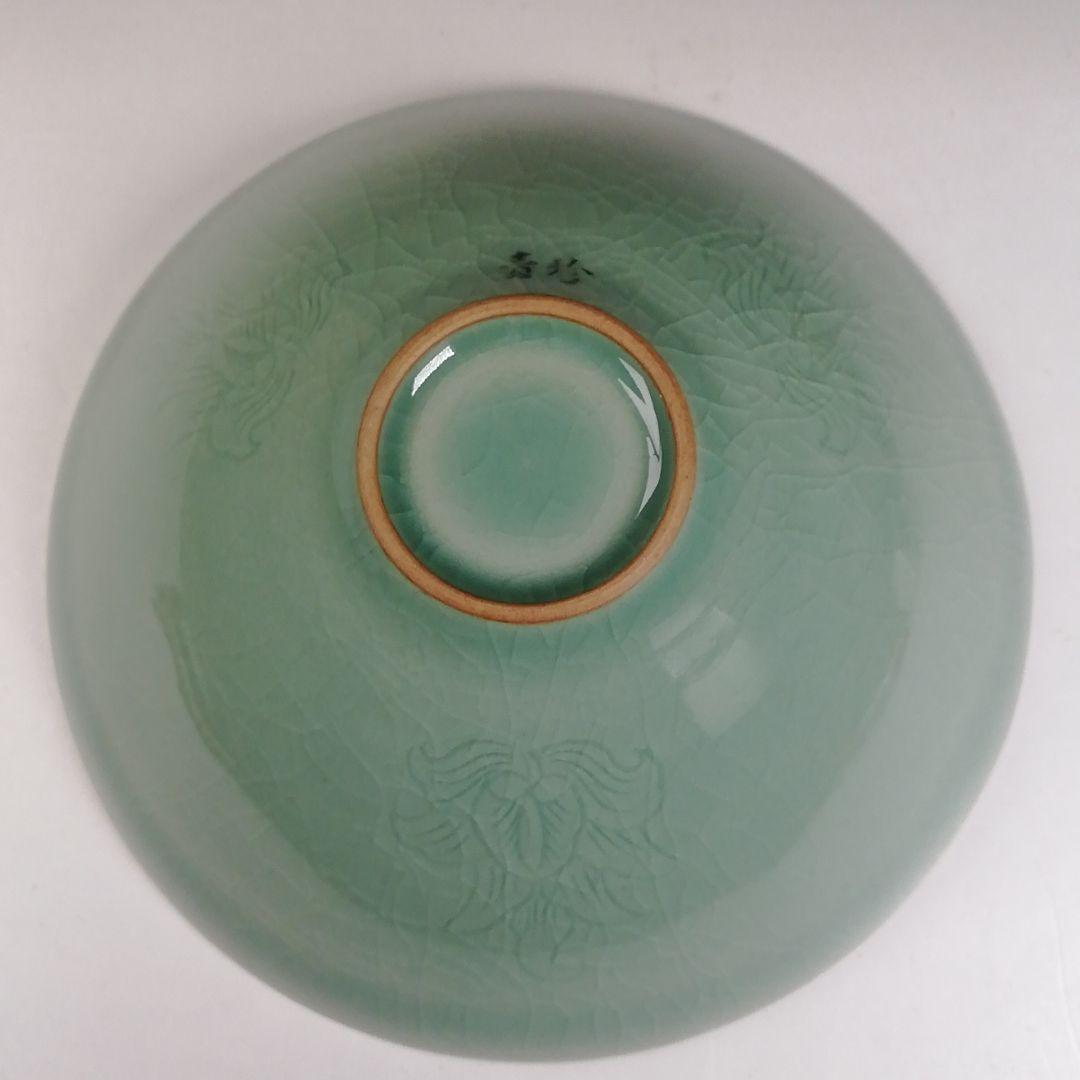 T977 茶碗 『高麗青磁茶碗』『青珍 梁命煥 作』 共箱 抹茶碗 茶道具