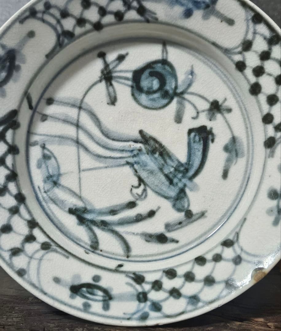 中国古美術　中国古陶磁器　南方系　 明代末期～清代初期　古染付　呉須皿　鳥の図皿