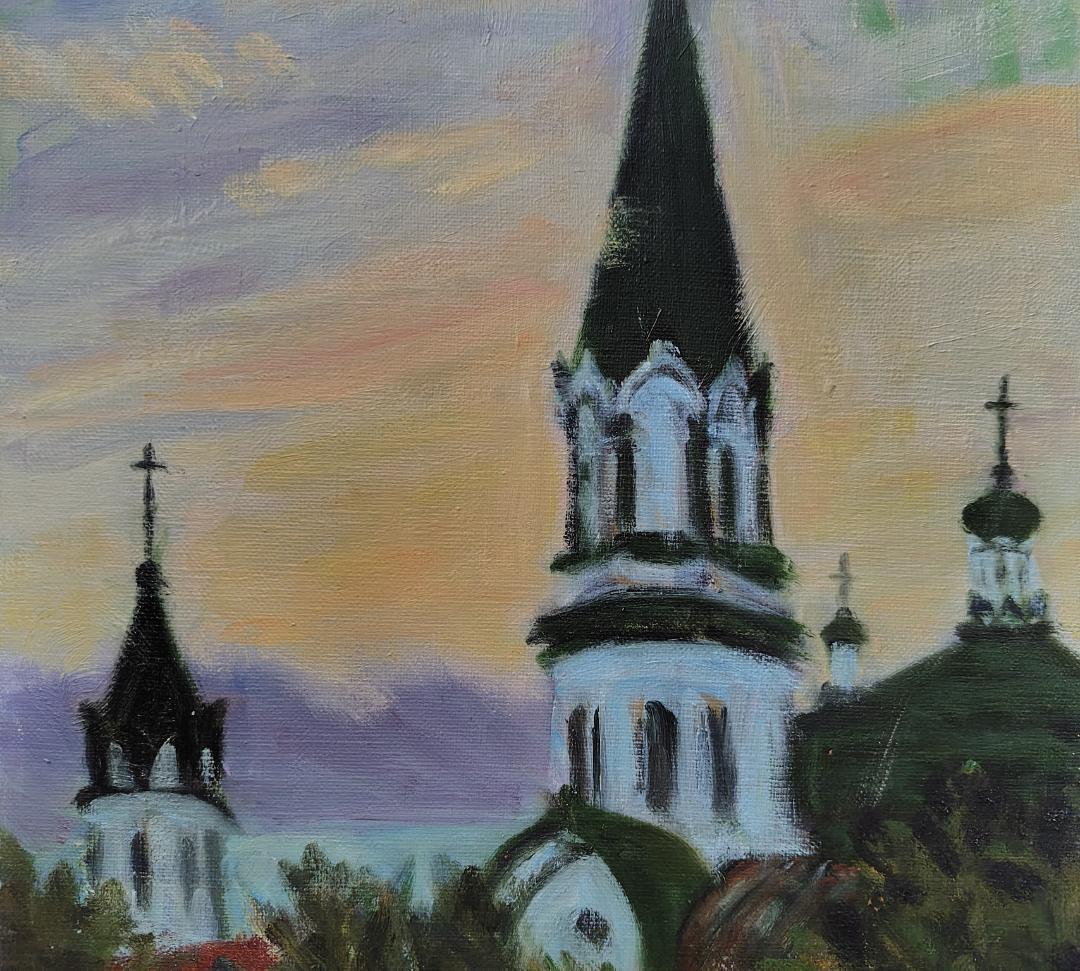 油彩画「塔 」函館 ハリストス正教会 F4 油絵 風景画 アート 絵画