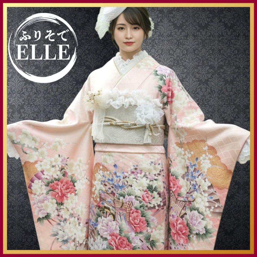 振袖フルセット(8点)・成人式・落款有り・作家物・くすみ・ピンク・胴裏正絹 振袖セット 販売 ピンク 金色 ラメ 桜 菊 熨斗 金通し 絵羽柄 正絹