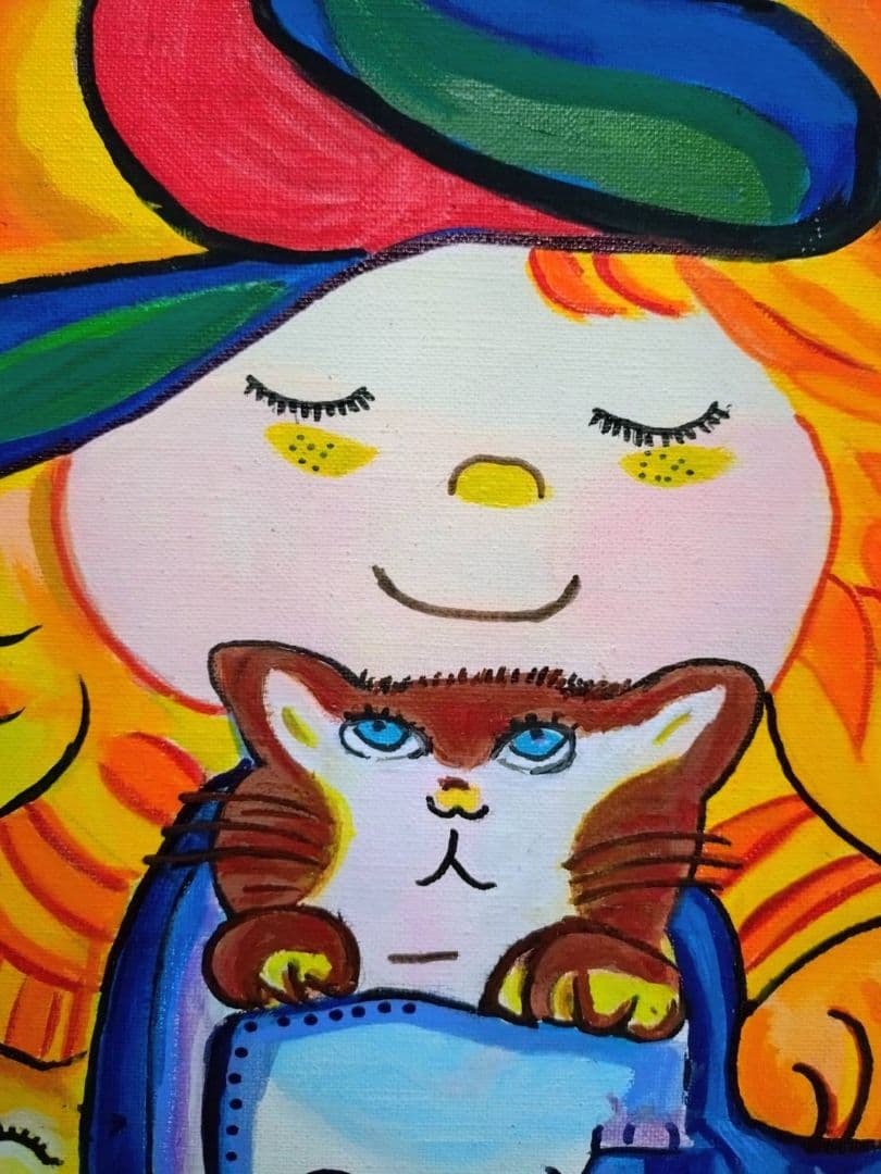 F6号】水森亜土 手描き作品/表裏サイン・裏描き有/油彩/アクリル/額縁/額装