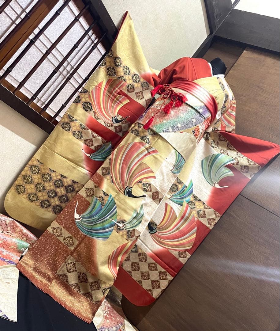 振袖フルセット6点サイズM〜Ｌ飛鶴菱花文　暈し染め　金銀彩　正絹 振袖フルセット6点サイズM〜L飛鶴菱花文 暈し