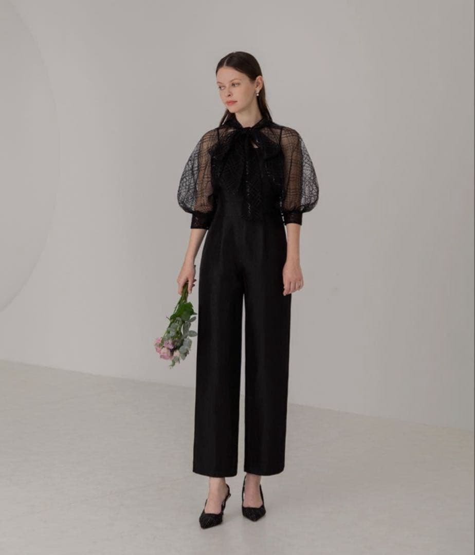 【LEJA】ドット柄スパンコールパフスリーブボレロオールインワンドレス M