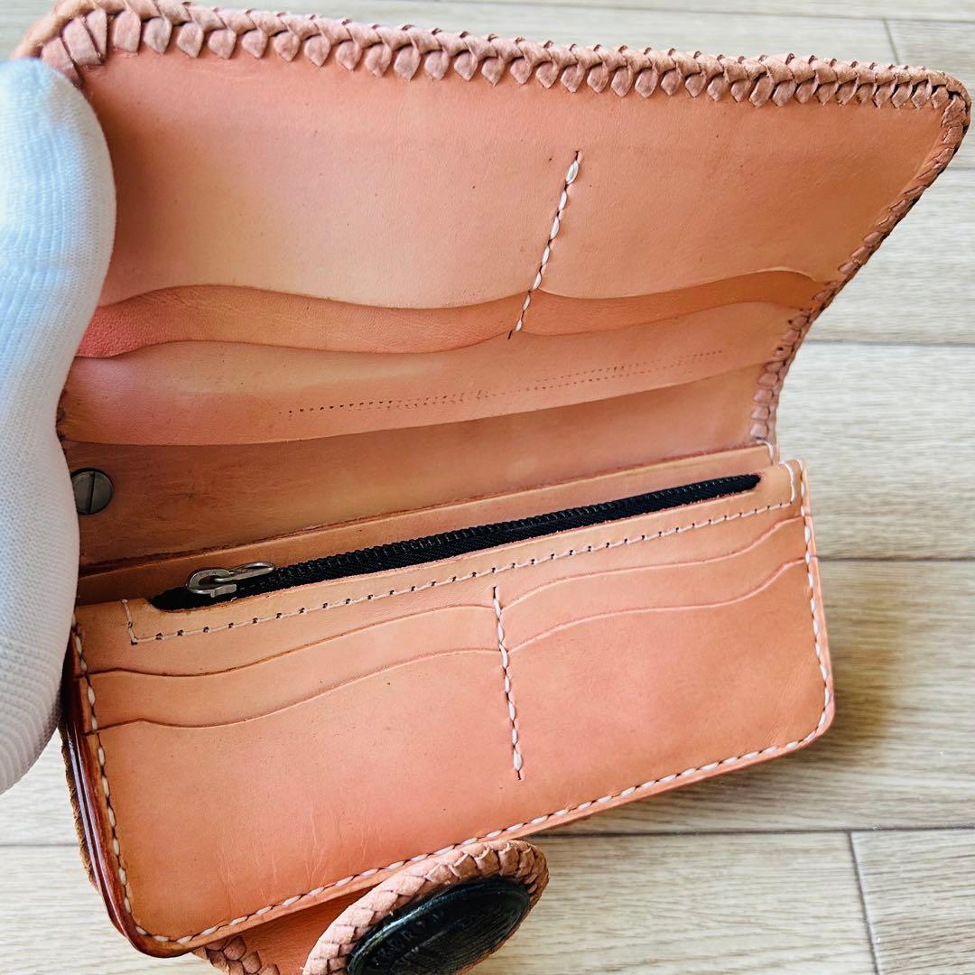 【新品】本革 牛革 カービング バイカーズウォレット ハンドメイド 長財布