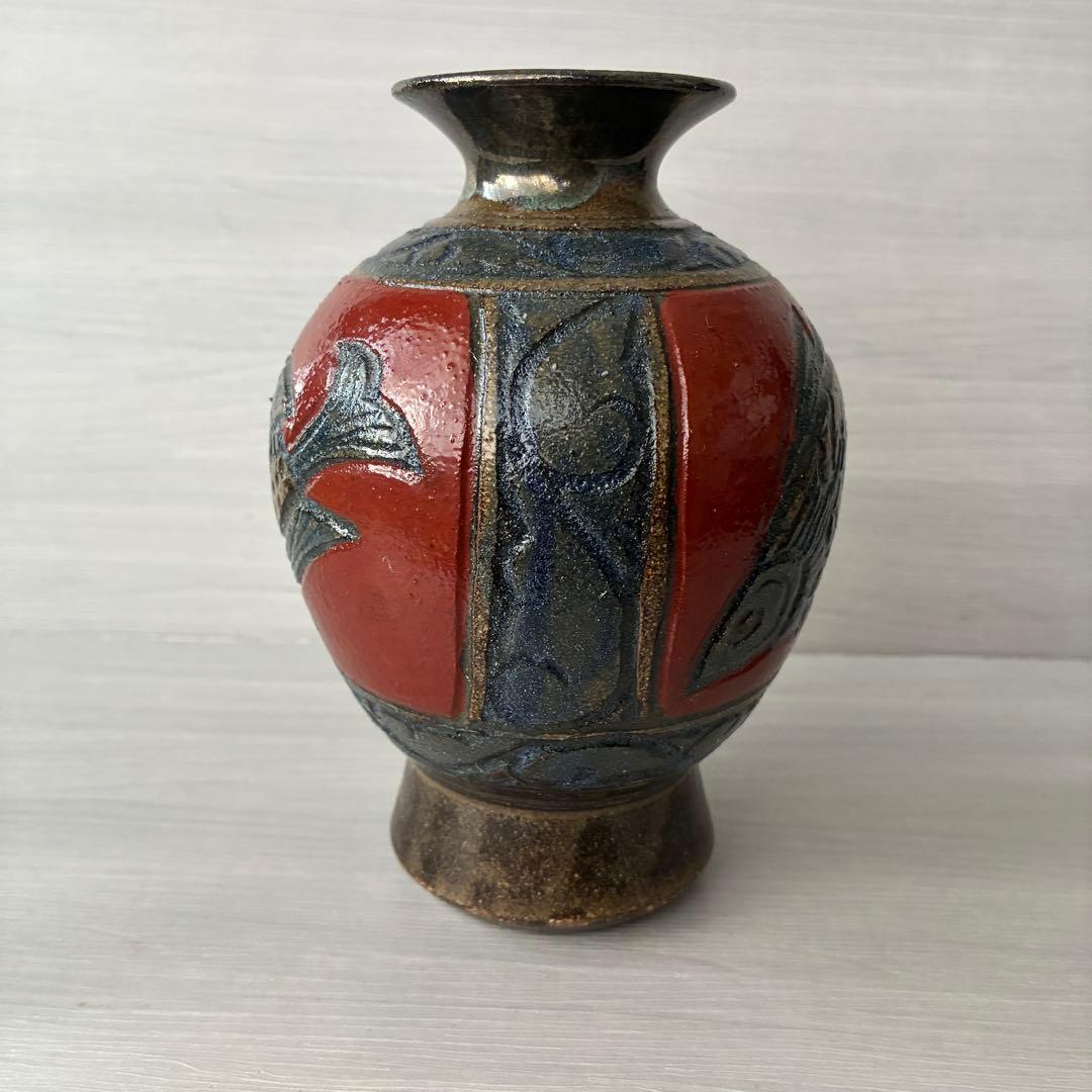 壺屋焼　小橋川清正　赤絵　魚紋　花瓶　沖縄　花器　インテリア　壺　工芸品