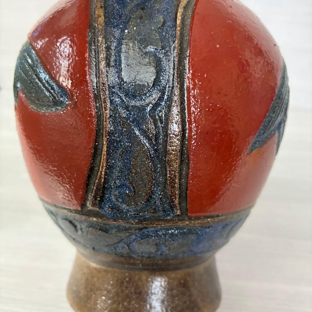 壺屋焼　小橋川清正　赤絵　魚紋　花瓶　沖縄　花器　インテリア　壺　工芸品