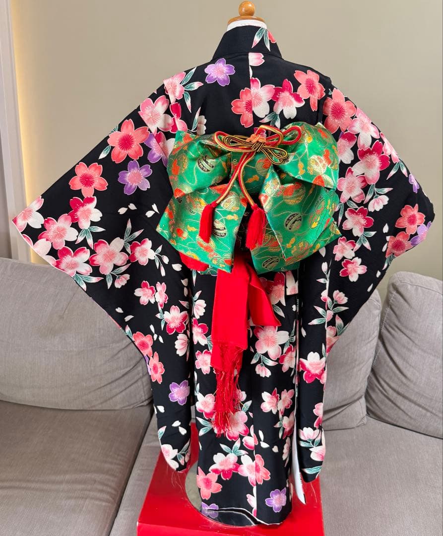 七五三着物帯セット　7歳　黒花柄