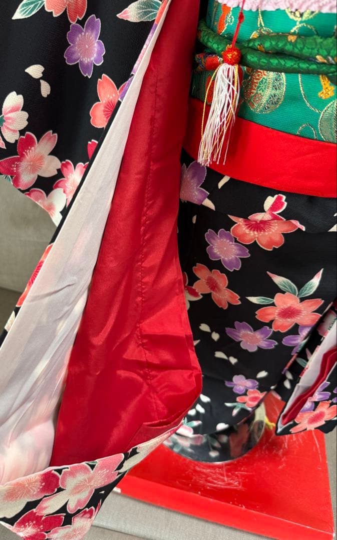 七五三着物帯セット　7歳　黒花柄