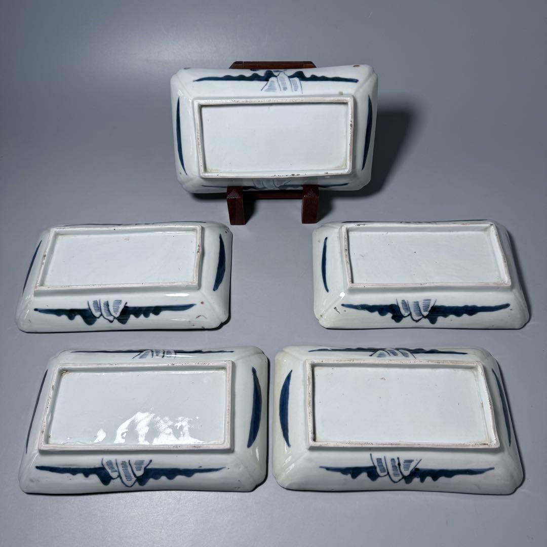 幕末明治期 染錦白鷺文様長皿 五客 古陶を楽しむ アンティーク