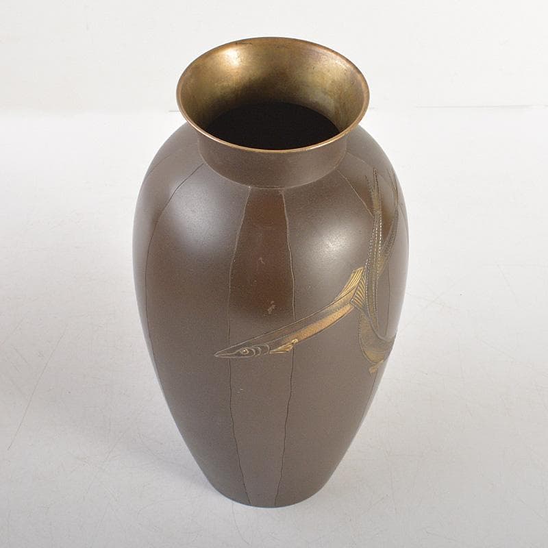 精金堂作　魚彫　宣徳銅花瓶　花入　共箱　V　5985C