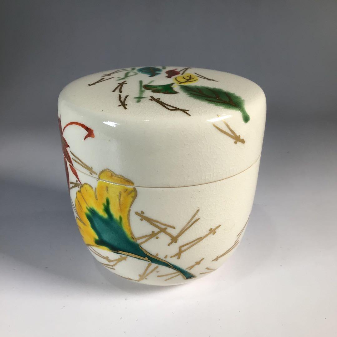 Ｎ６０６　茶器　『妙見窯造』『金彩吹き寄せ絵』『陶製茶入』　共箱　茶道具