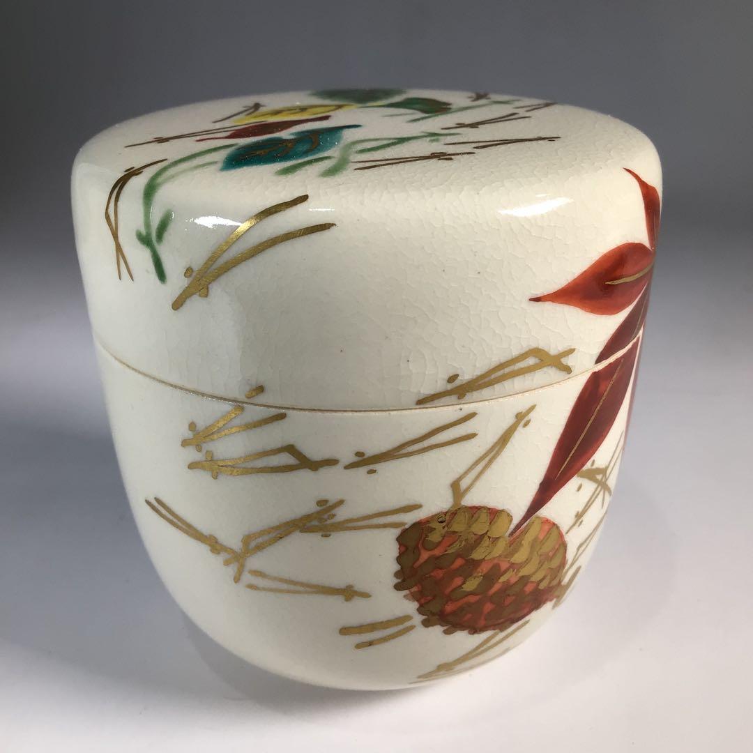 Ｎ６０６　茶器　『妙見窯造』『金彩吹き寄せ絵』『陶製茶入』　共箱　茶道具