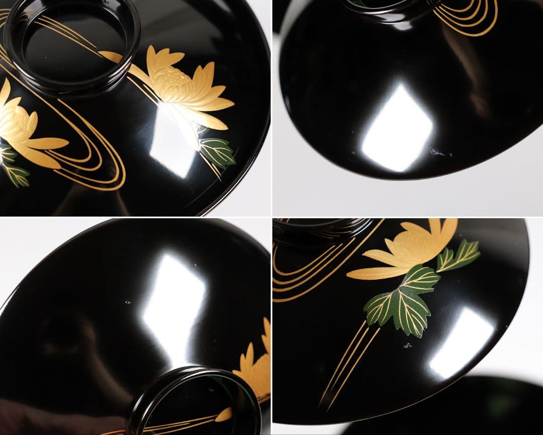 CK73 能登輪島塗 漆光堂謹製 流水菊 金蒔絵 黒塗吸物椀 九