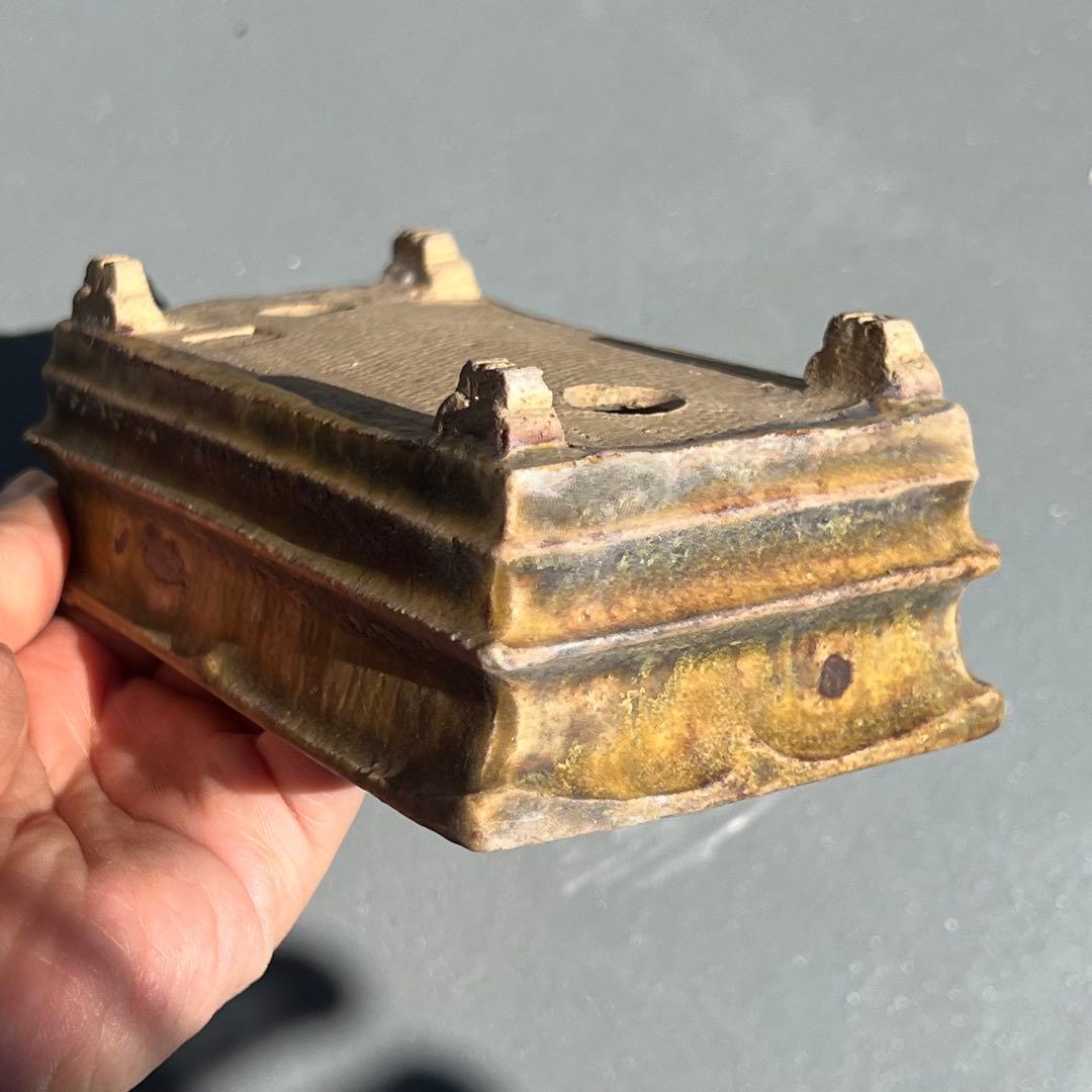 732.日本古鉢 飴釉長方 盆栽鉢 植木鉢 小品盆鉢13.8*7.8*5.2cm