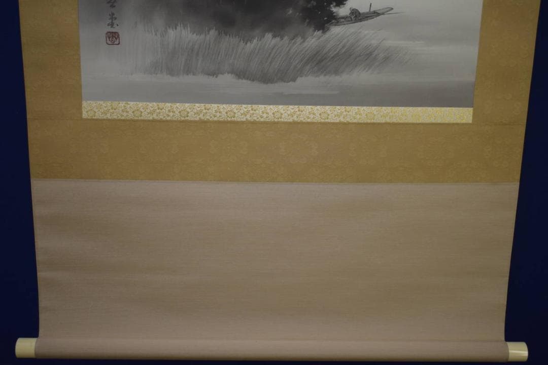 真作/春堂/水墨山水図/横物/桐共箱付/布袋屋掛軸HJ-25