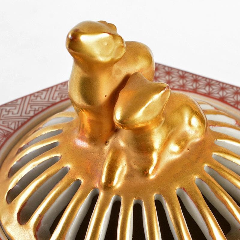 茶道具 九谷焼 西野昭弘 昭月造 本金赤細書小紋 香炉 共箱 U R6040