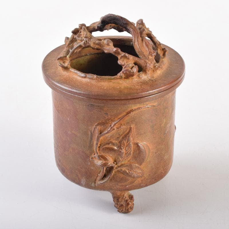 高岡銅器　三好三治造　蝋型鋳銅　花草文香炉　共布共箱　V　6971