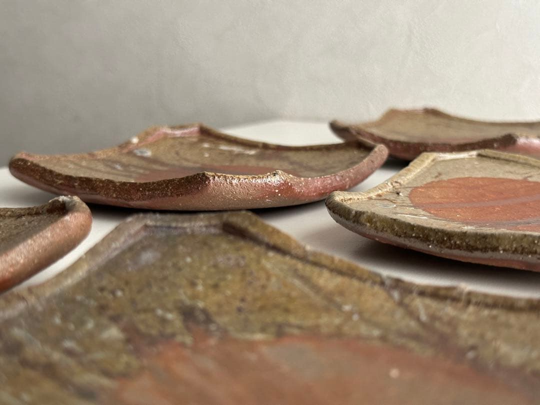 堀江英城 備前 四方皿 5枚 牡丹餅 緋襷 共箱