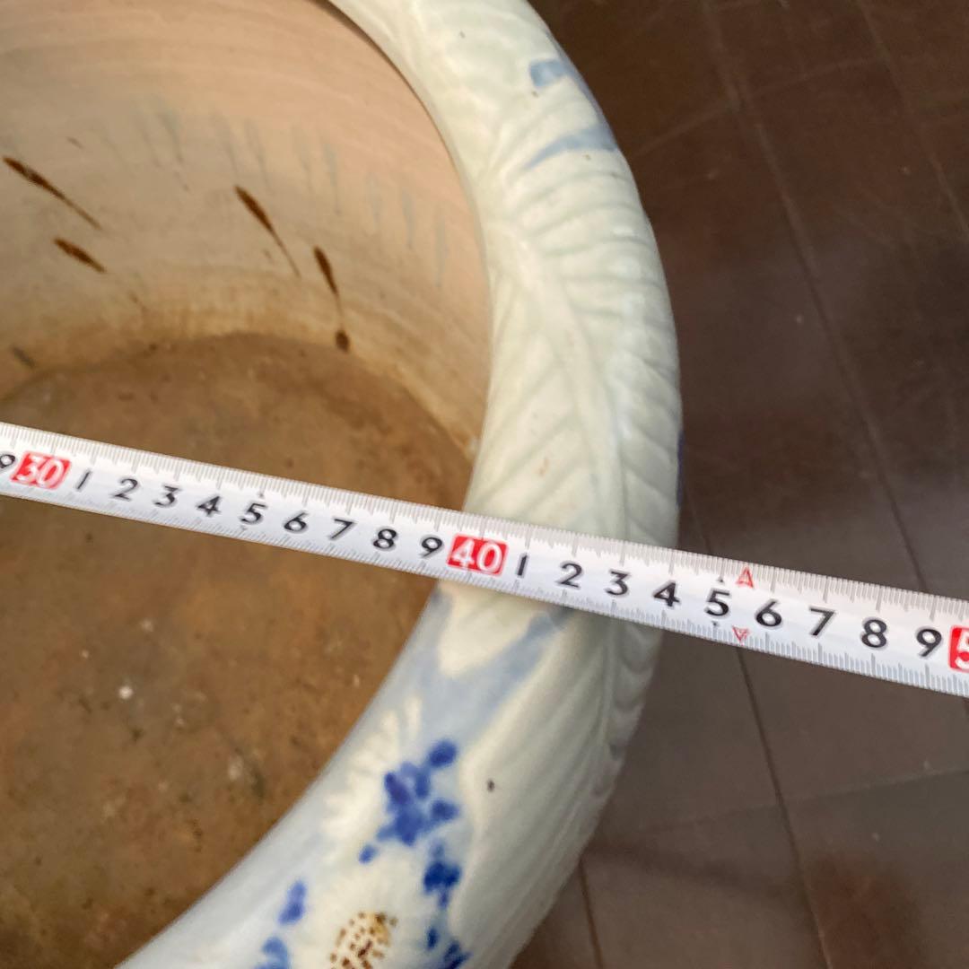 陶器製 火鉢 白と青 花模様