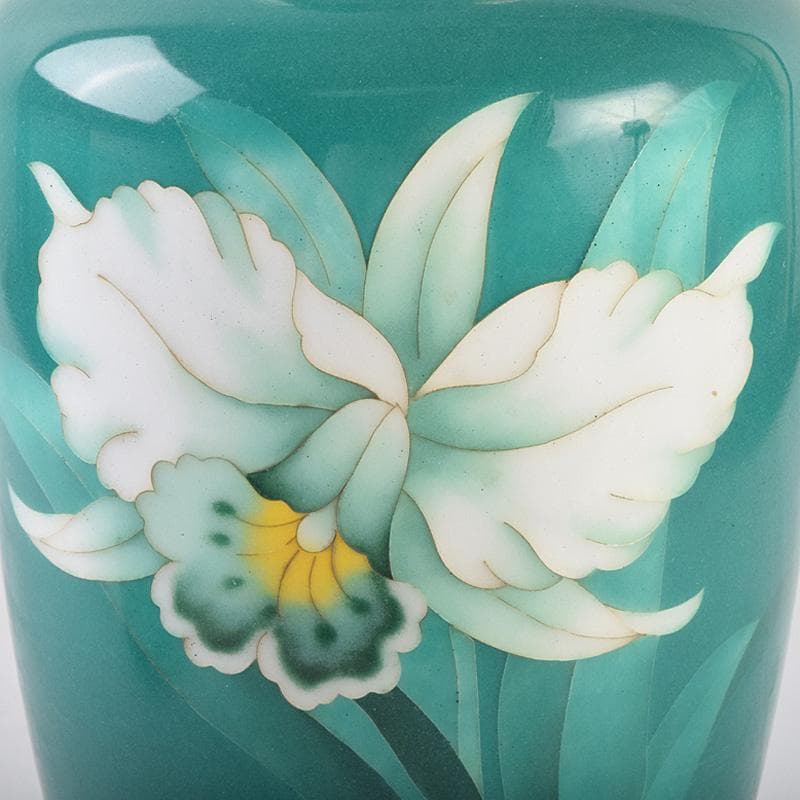 七宝焼 佐藤謨義作 水仙文 花瓶 唐木台付 共箱 V R9237