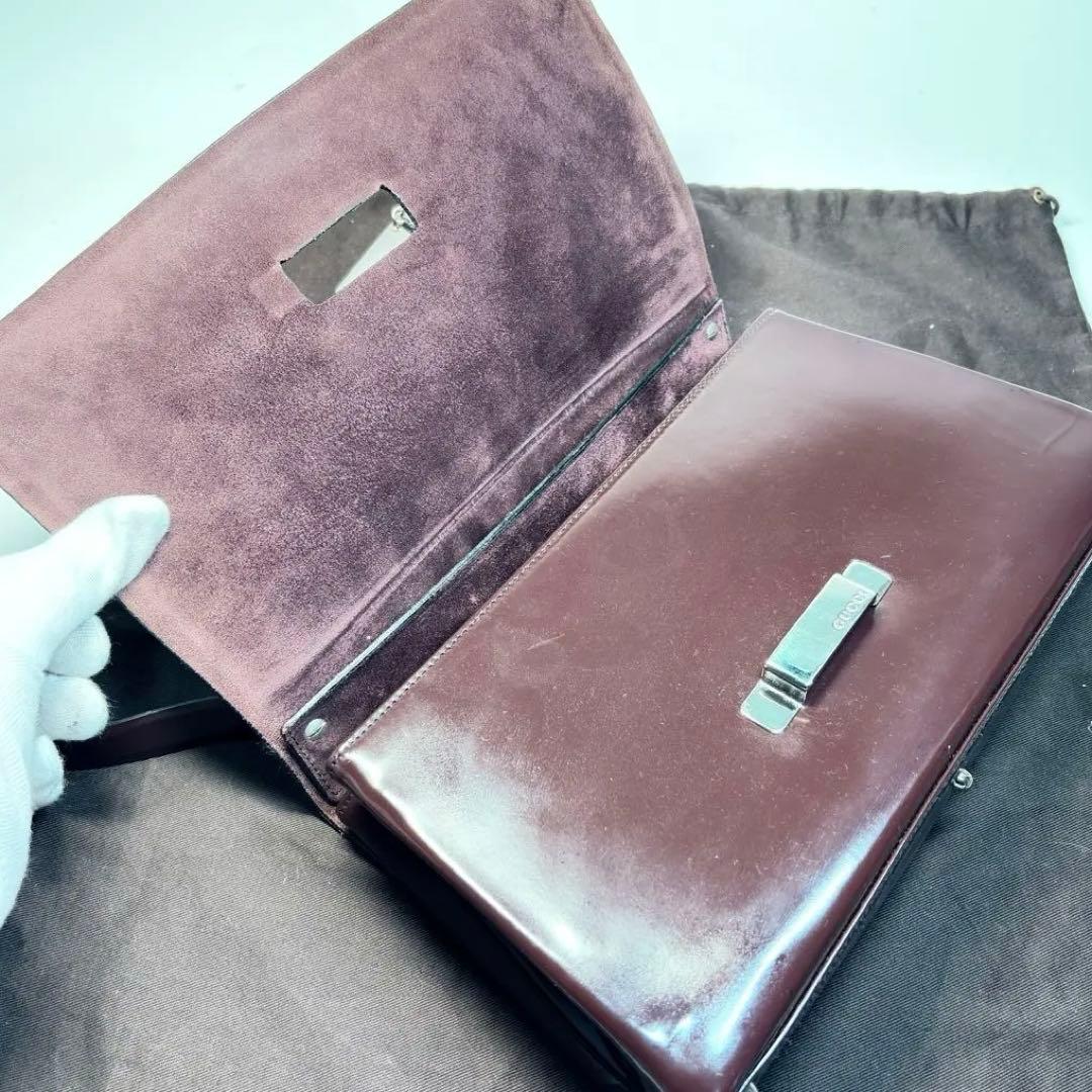 美品　GUCCI グッチ ショルダーバッグ エナメル ダークブラウン シルバー