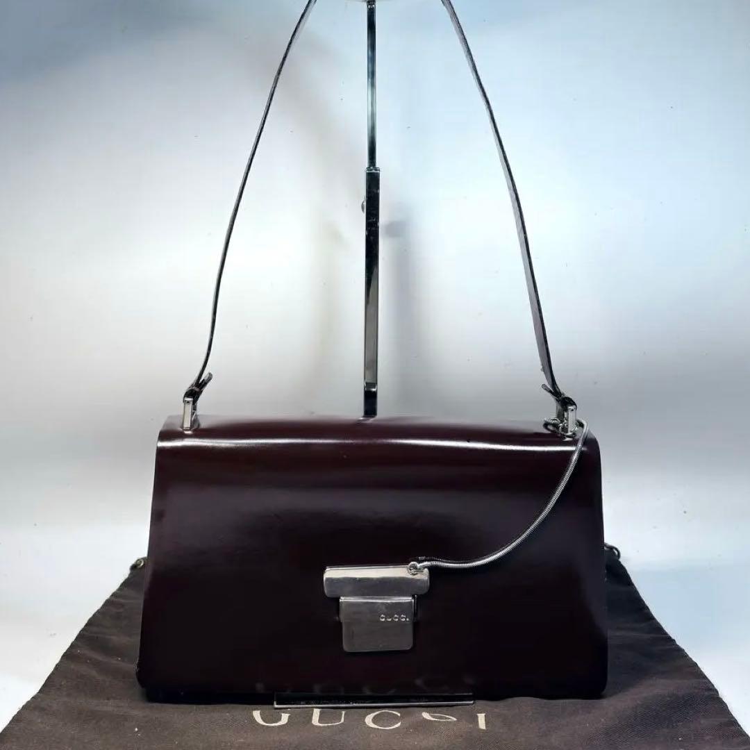 美品　GUCCI グッチ ショルダーバッグ エナメル ダークブラウン シルバー