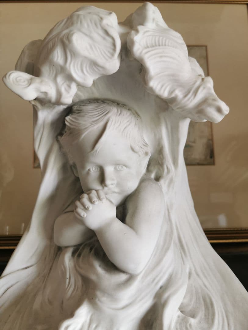 アンティークフランス 大型素焼きビスク彫像塑像 少年の祈り 作家物