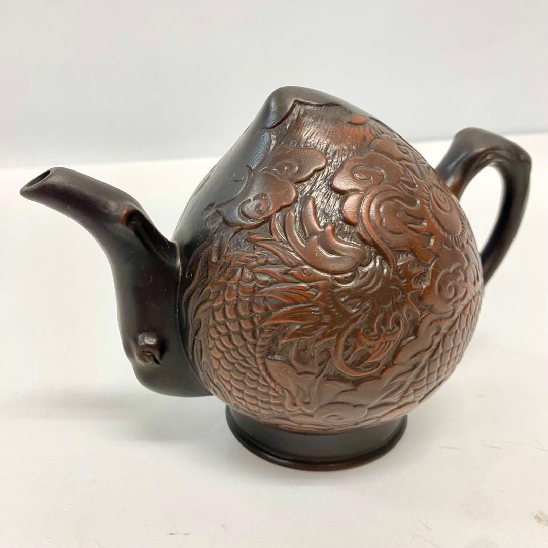 中国工芸師 顧鵬程造 栄天紫砂壺 細工彫り『龍文』 原鉱泥手造り急須