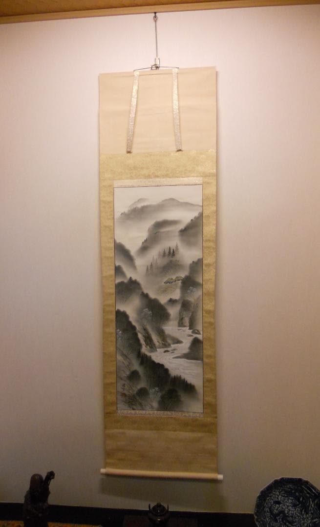 掛け軸 雅堂 彩色山水 中島清堂 識箱 絹本 希少 軸装 茶道具 掛軸 美品