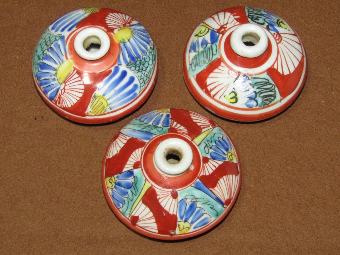 【色絵　線描き捻り紋図　油壷　三点】古伊万里