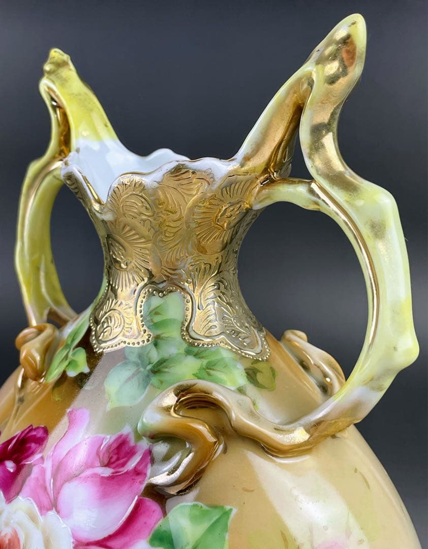 オールドニッポン 22．8cm アールヌーボー薔薇紋 花瓶 ピッチャー