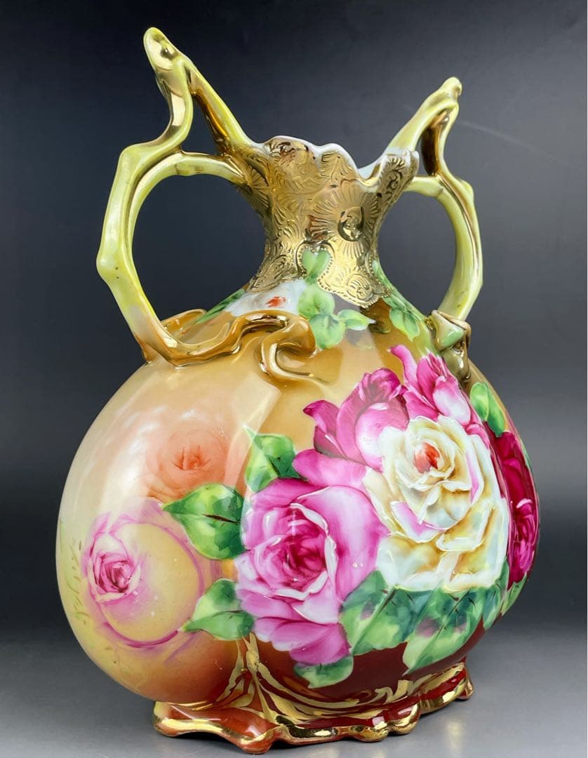 オールドニッポン ２２．８cm アールヌーボー薔薇紋 花瓶 ピッチャー 水差し