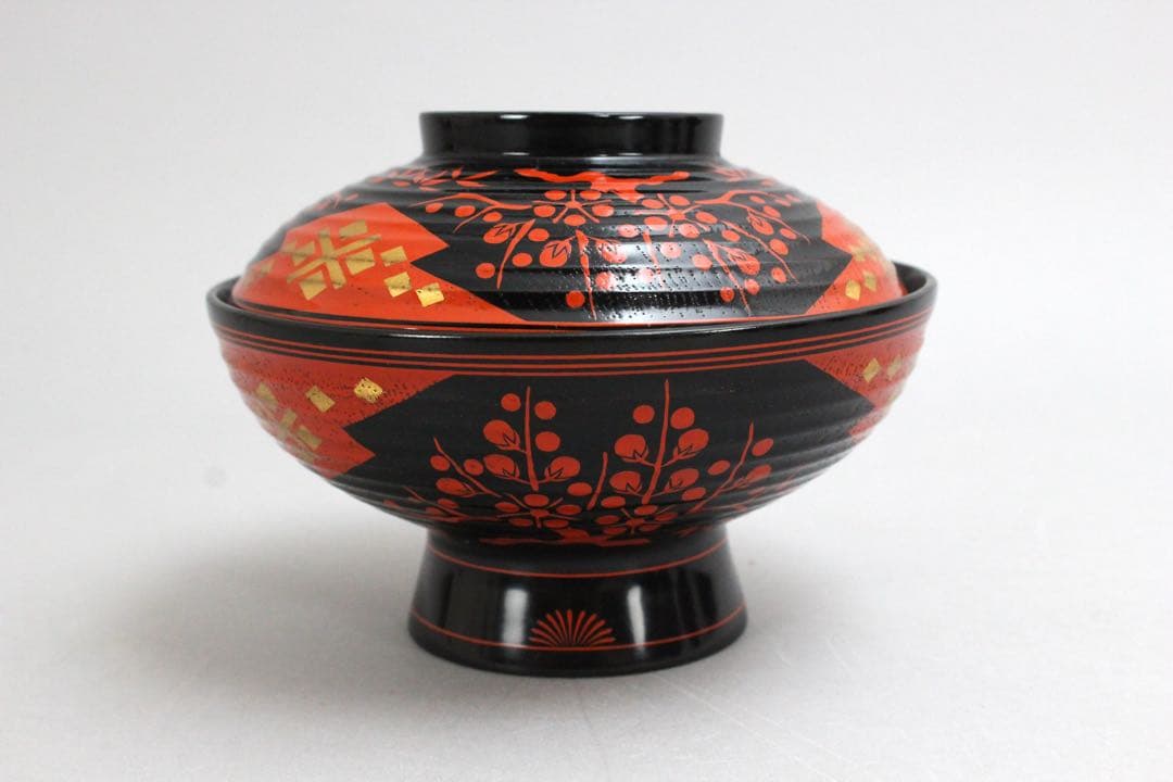 No4797秀衡塗　梅樹文蓋付椀　9客 木箱付　漆器　岩手　伝統工芸　送料無料