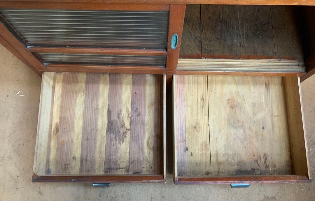 古い木全面モールガラス 収納陳列棚引き出し4杯 レトロ昭和ガラス古家具