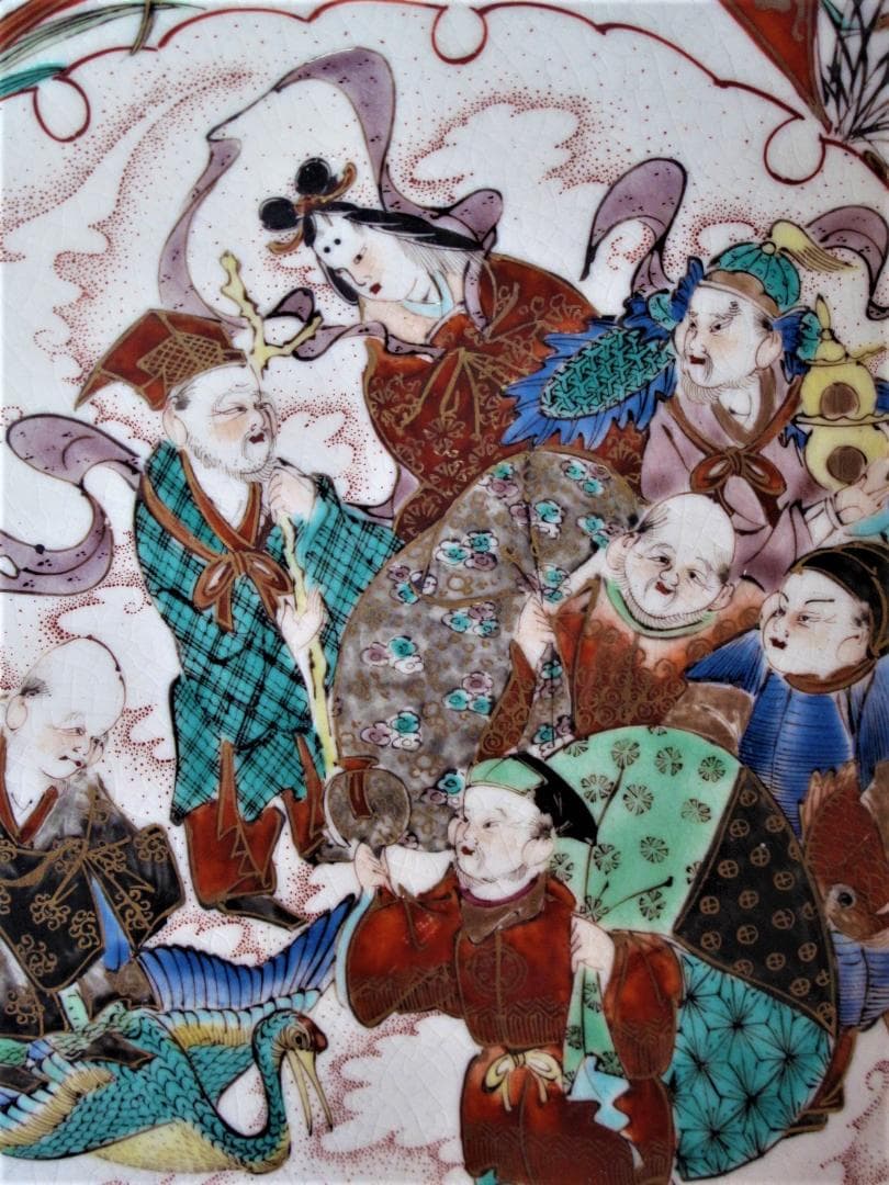 大幅値下‼️明治九谷『色絵金襴手 唐獅子牡丹に七福神図 大皿』 里帰り品 径34㎝