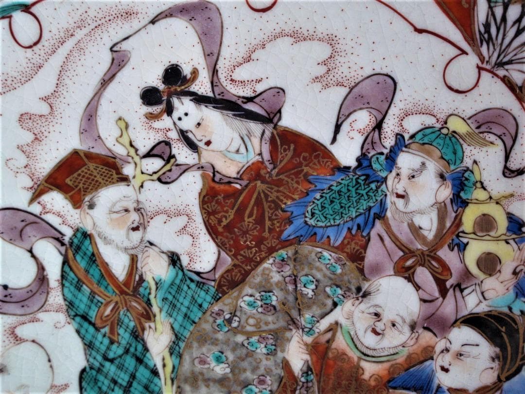 大幅値下‼️明治九谷『色絵金襴手 唐獅子牡丹に七福神図 大皿』 里帰り品 径34㎝