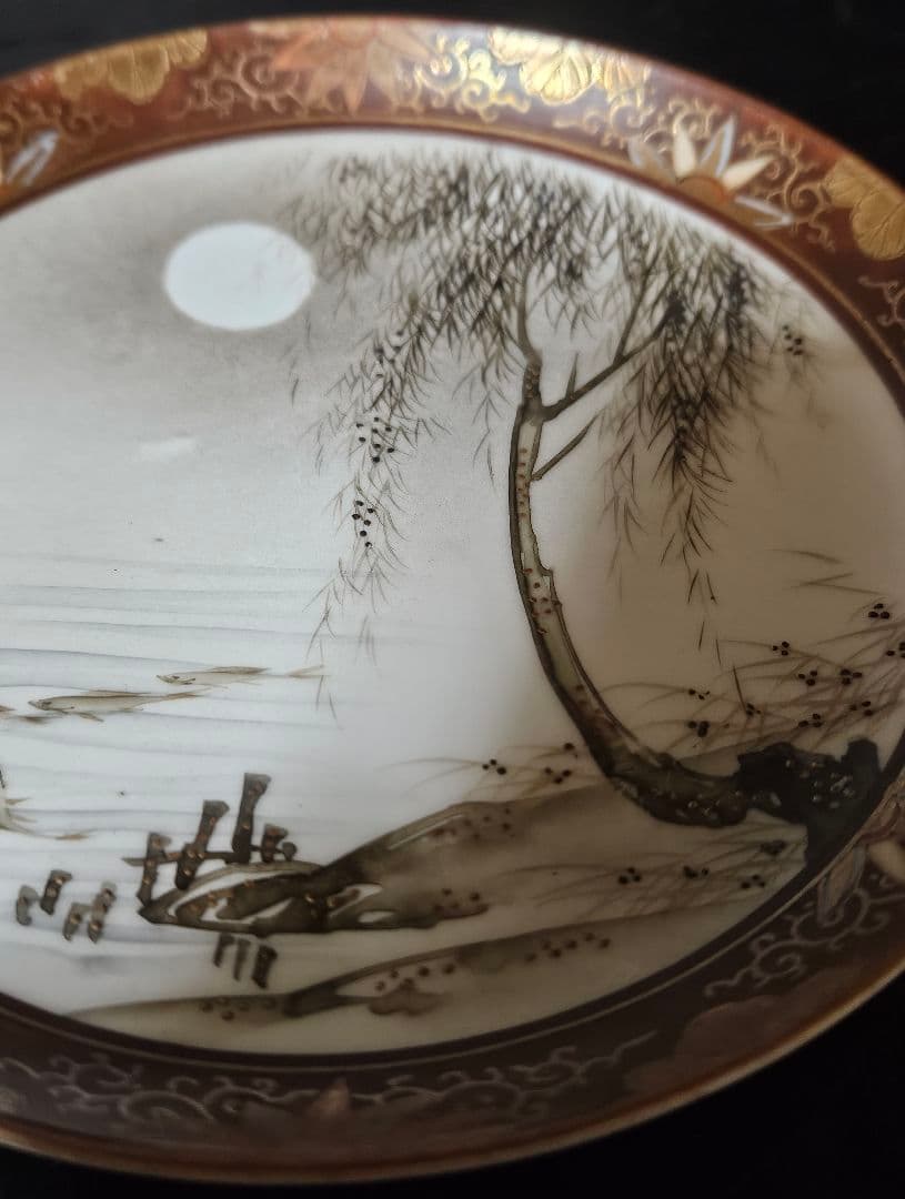 最上作品❗】明治時代 九谷焼 九谷朝日製 金彩色絵 月明かりに柳に
