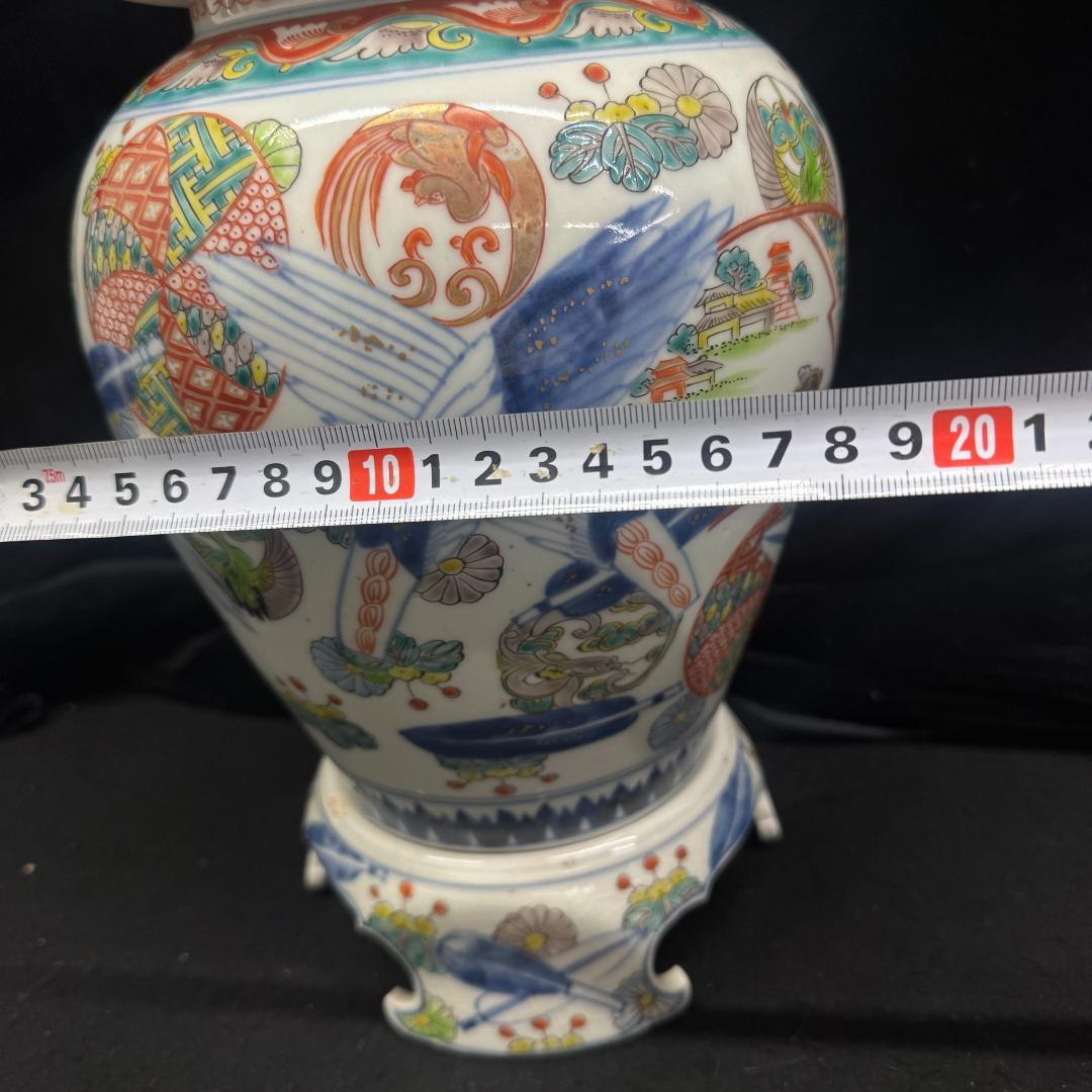 江戸時代中期 古伊万里色絵風景亀鶴図壺 沈香壷 古美術 骨董品