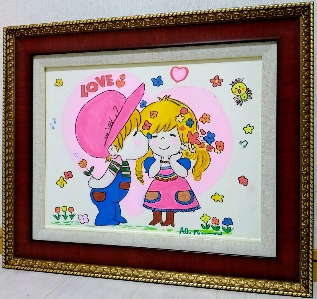 F6号】水森亜土 手描き作品/表裏サイン・裏描き有/油彩/アクリル/額縁