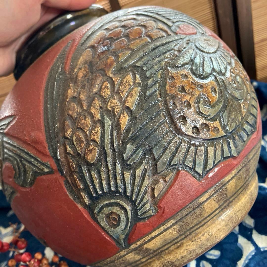 壺屋焼 小橋川清正 赤絵魚紋壺 伝統工芸 花瓶 沖縄 やちむん 陶芸 壺