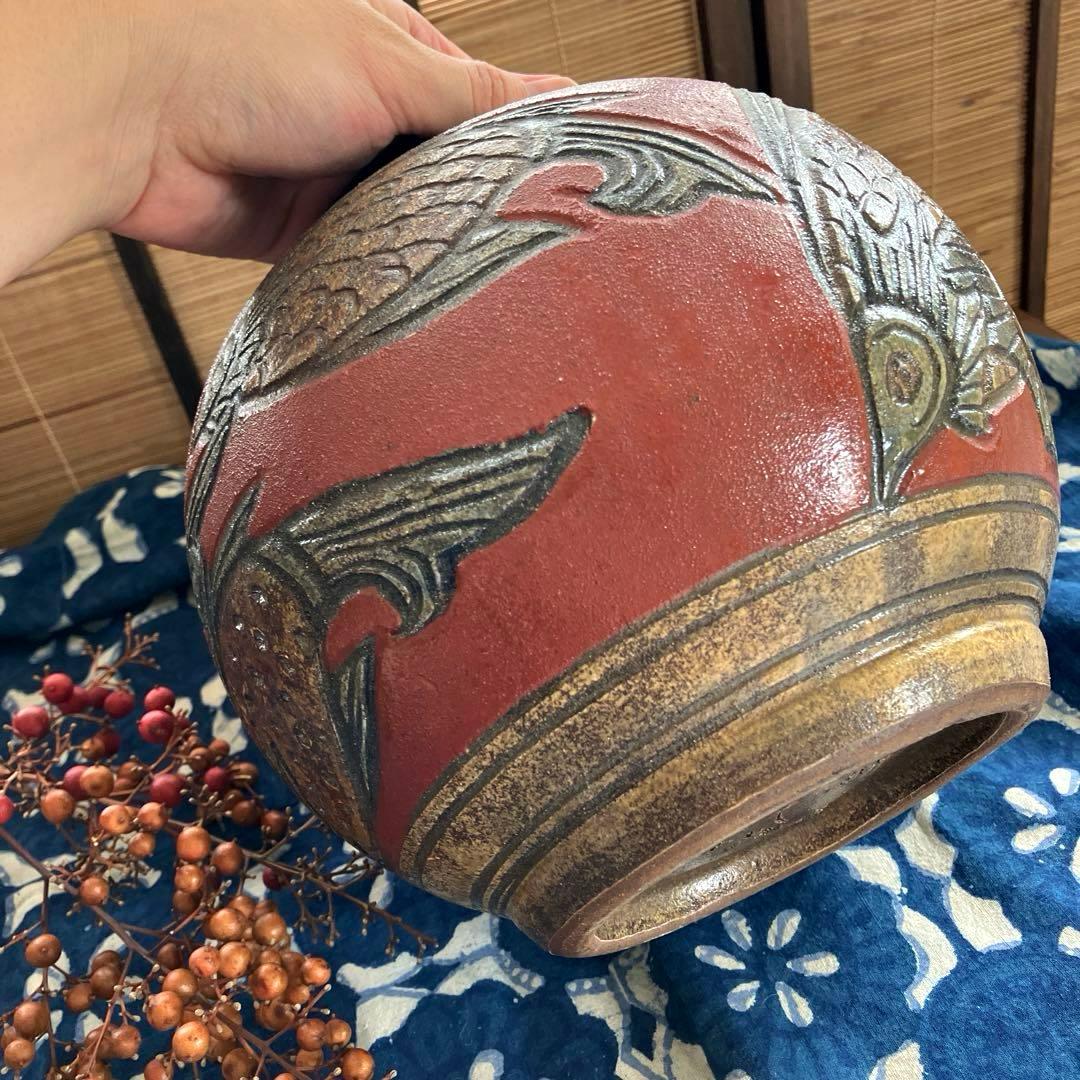 壺屋焼 小橋川清正 赤絵魚紋壺 伝統工芸 花瓶 沖縄 やちむん 陶芸 壺
