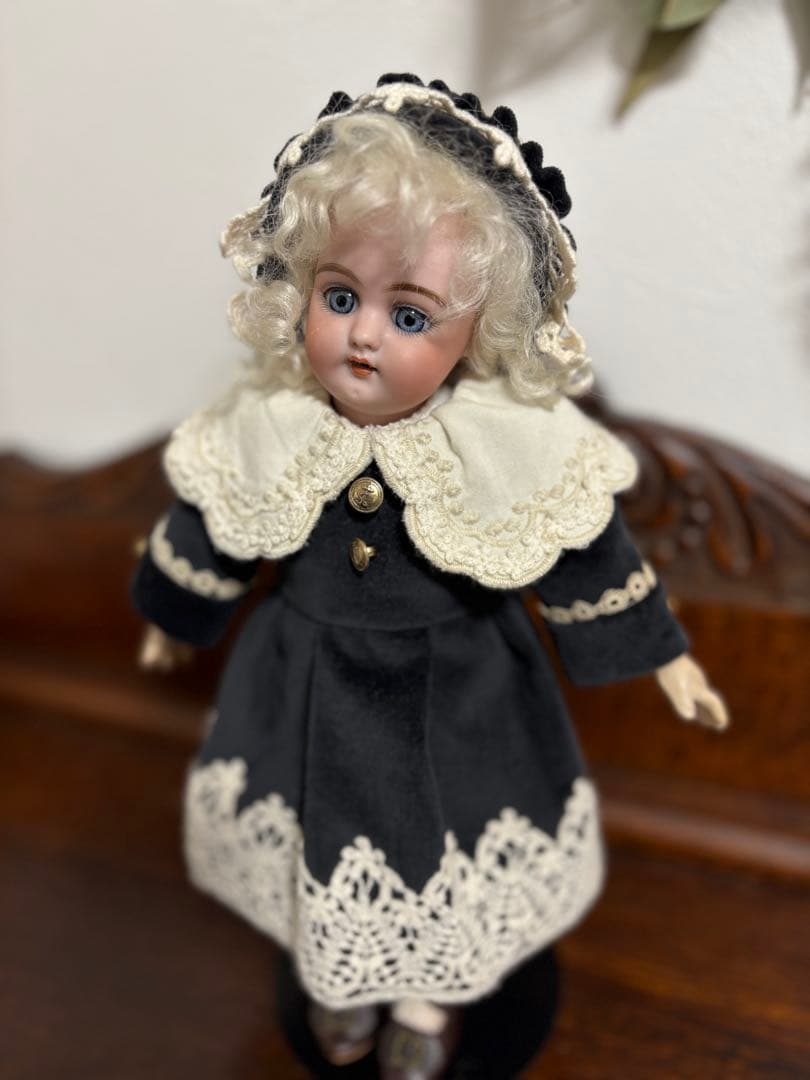 アンティークドール ビスクドール ドレス ボネ 別珍 レース ブラック
