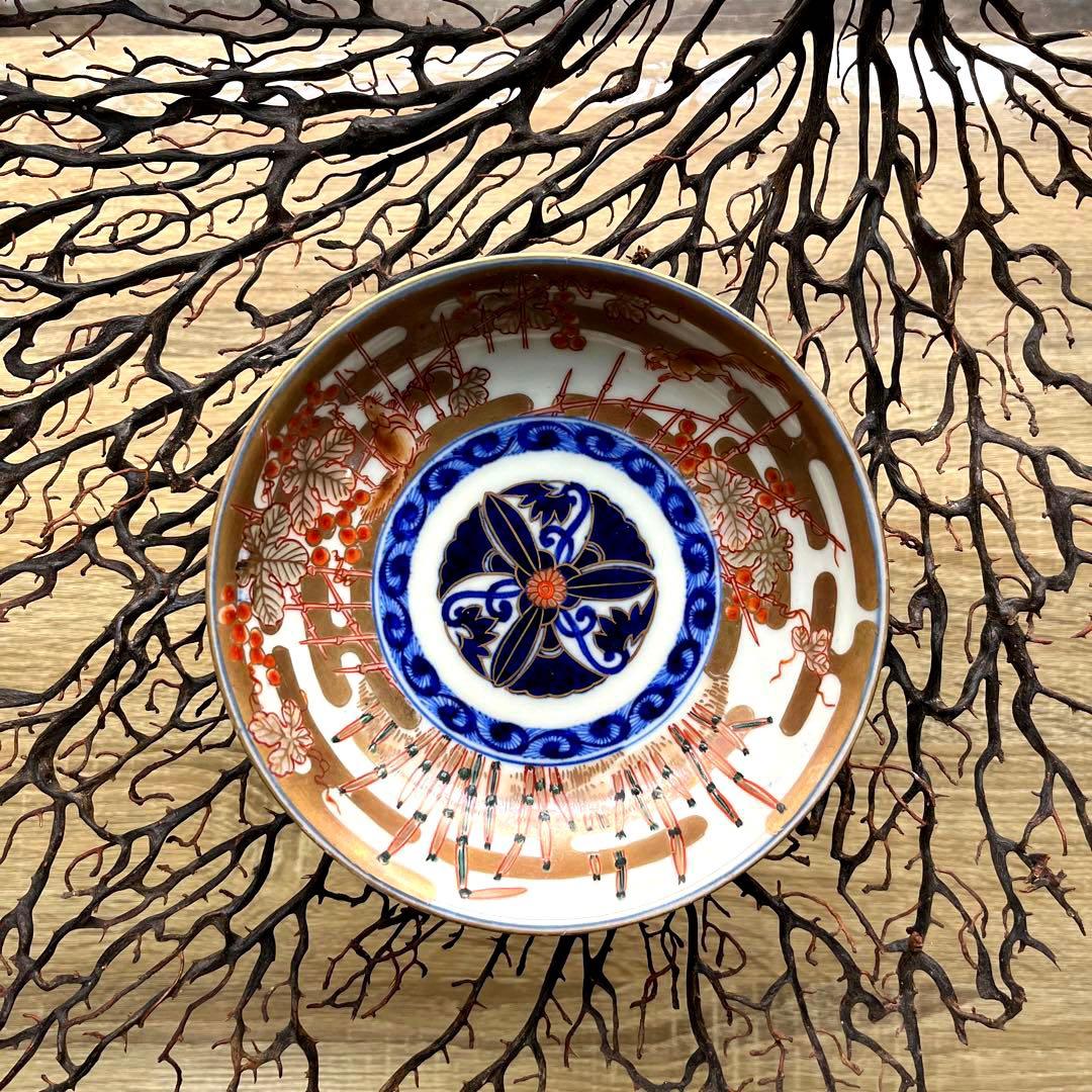 骨董　古伊万里　金彩色絵　希少図案　栗鼠　木賊　山葡萄　膾皿　中皿　１客限り 骨董 古伊万里 金彩色絵 希少図案 栗鼠 木賊 山葡萄 膾皿 中皿 1客