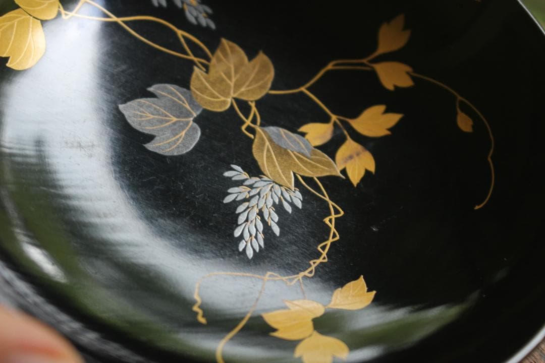 小傷有！時代黒漆に極上草花蒔絵の映える煮物椀5点（