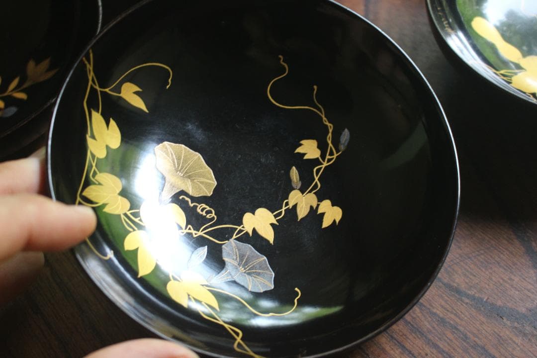 小傷有！時代黒漆に極上草花蒔絵の映える煮物椀5点（検輪島塗京塗蒔絵椀雑煮椀